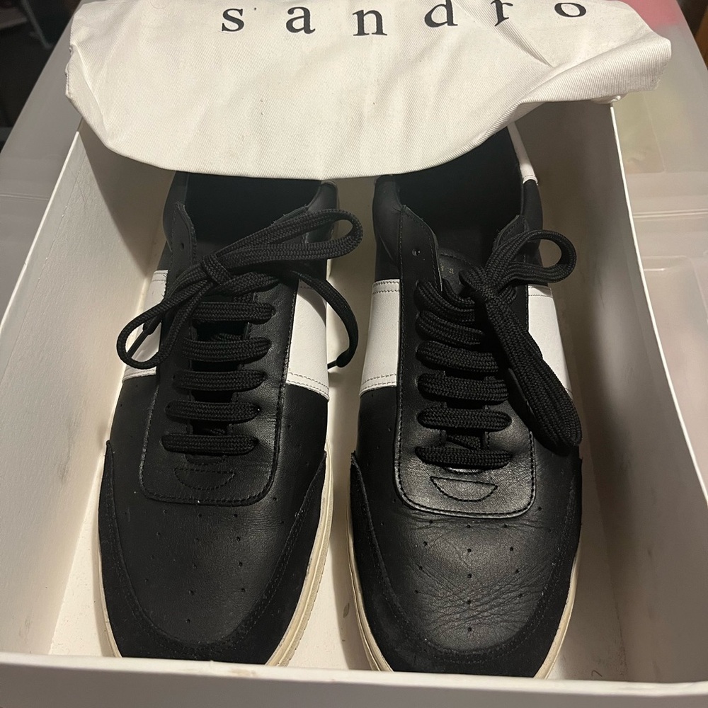 Sandro Men's Black and White Leather Trainers/Sneakers